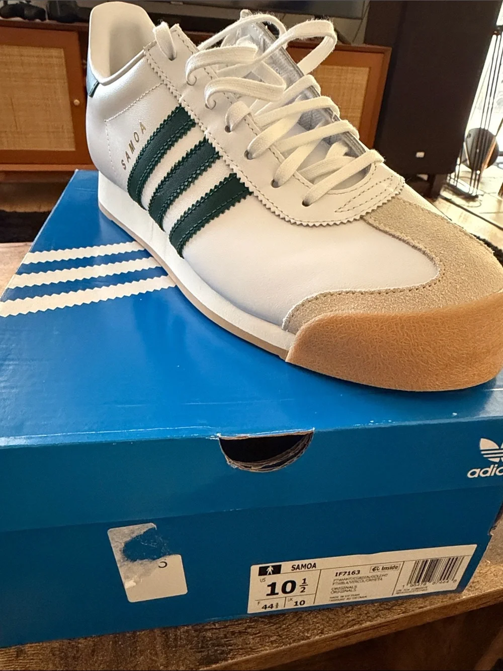adidas Samoa Leather Sneakers in White with Green Stripes and Gum Toe